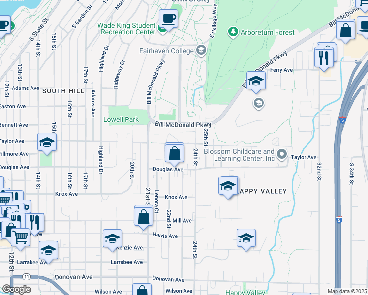 map of restaurants, bars, coffee shops, grocery stores, and more near 2305 Douglas Avenue in Bellingham