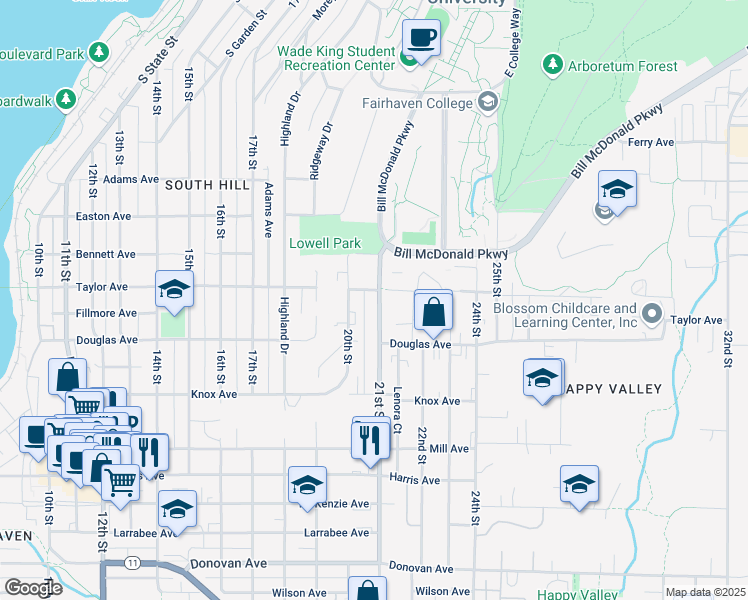 map of restaurants, bars, coffee shops, grocery stores, and more near 921 21st Street in Bellingham