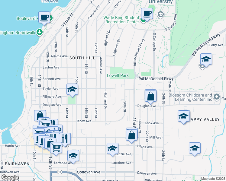 map of restaurants, bars, coffee shops, grocery stores, and more near 807 19th Street in Bellingham