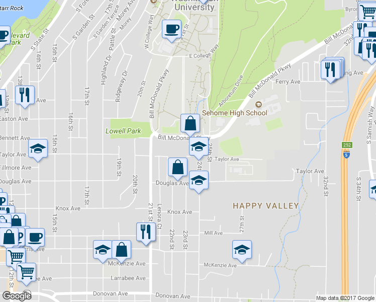 map of restaurants, bars, coffee shops, grocery stores, and more near 2303 Taylor Avenue in Bellingham