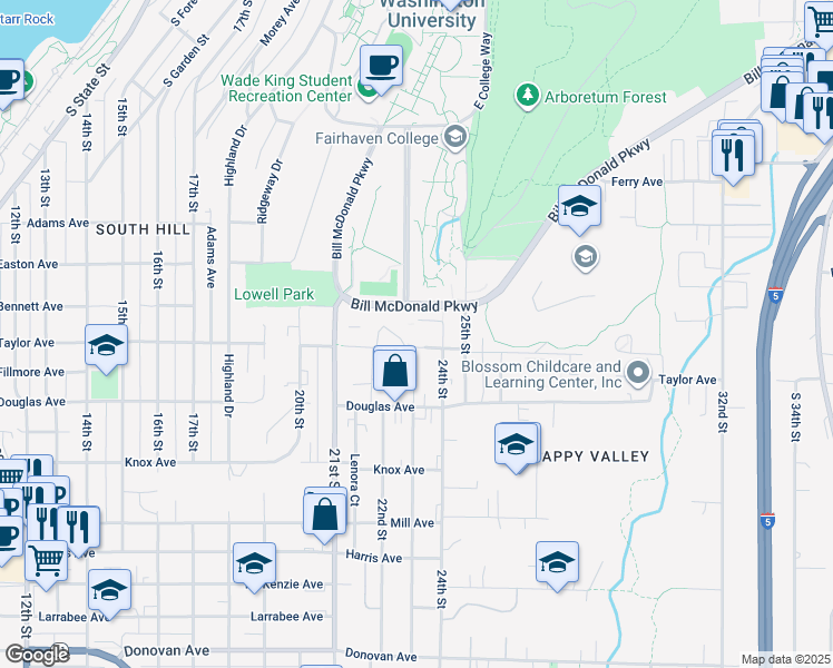 map of restaurants, bars, coffee shops, grocery stores, and more near 2303 Taylor Avenue in Bellingham