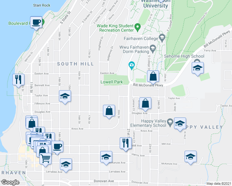 map of restaurants, bars, coffee shops, grocery stores, and more near 107 20th Street in Bellingham