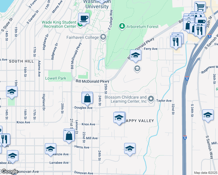 map of restaurants, bars, coffee shops, grocery stores, and more near 817 25th Street in Bellingham