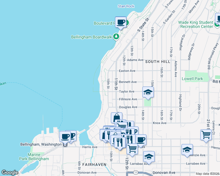 map of restaurants, bars, coffee shops, grocery stores, and more near 804 10th Street in Bellingham