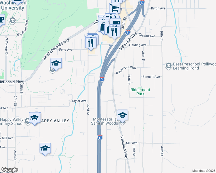map of restaurants, bars, coffee shops, grocery stores, and more near 800 Samish Way in Bellingham