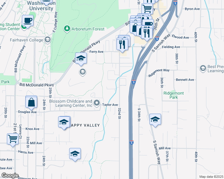 map of restaurants, bars, coffee shops, grocery stores, and more near 820 32nd Street in Bellingham
