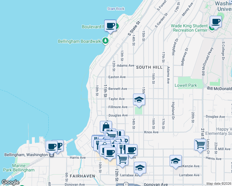 map of restaurants, bars, coffee shops, grocery stores, and more near 800 13th Street in Bellingham