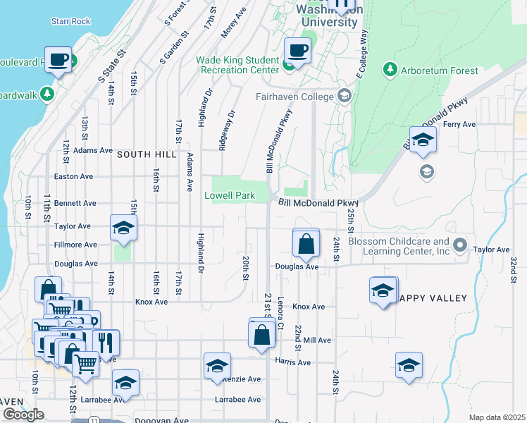 map of restaurants, bars, coffee shops, grocery stores, and more near 2110 Bill McDonald Parkway in Bellingham