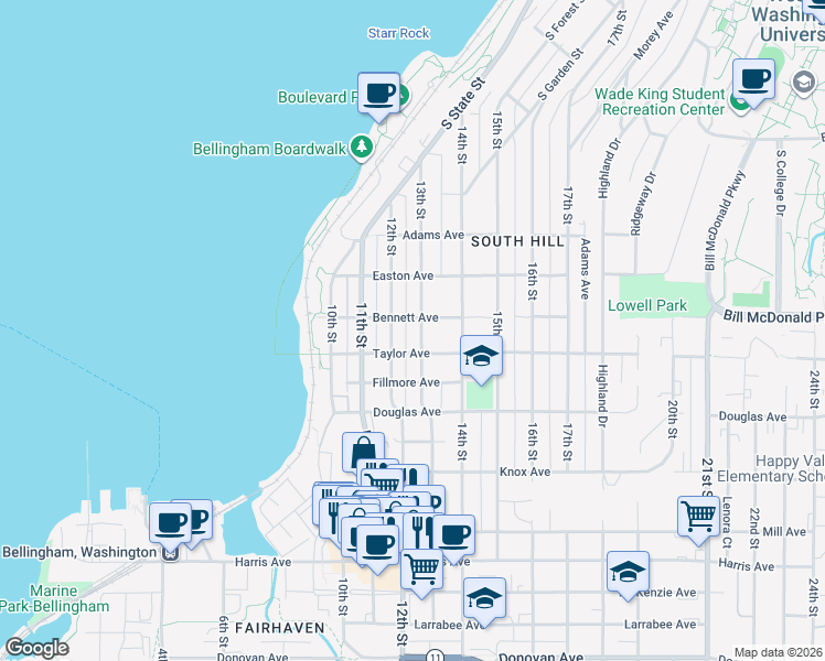 map of restaurants, bars, coffee shops, grocery stores, and more near 800 13th St in Bellingham
