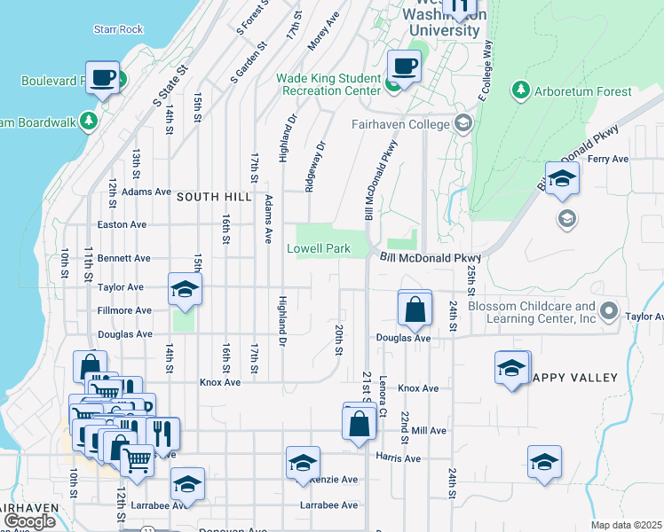 map of restaurants, bars, coffee shops, grocery stores, and more near 107 20th Street in Bellingham