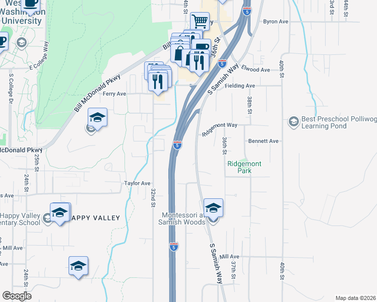 map of restaurants, bars, coffee shops, grocery stores, and more near 800 Samish Way in Bellingham