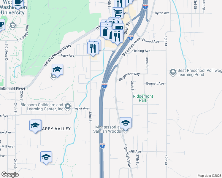 map of restaurants, bars, coffee shops, grocery stores, and more near 800 Samish Way in Bellingham