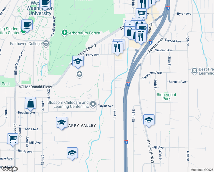 map of restaurants, bars, coffee shops, grocery stores, and more near 702 32nd Street in Bellingham