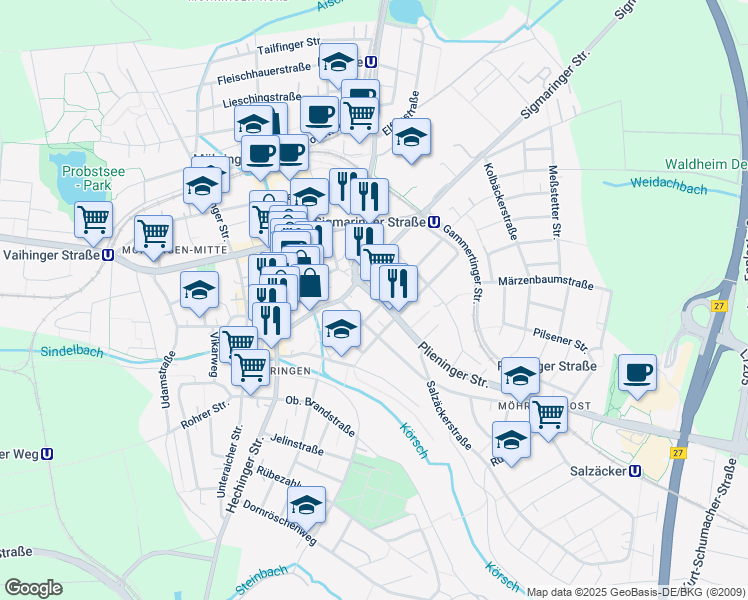 map of restaurants, bars, coffee shops, grocery stores, and more near 8 Plieninger Straße in Stuttgart