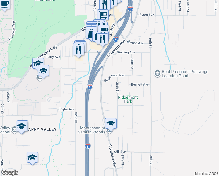 map of restaurants, bars, coffee shops, grocery stores, and more near 801 Samish Way in Bellingham
