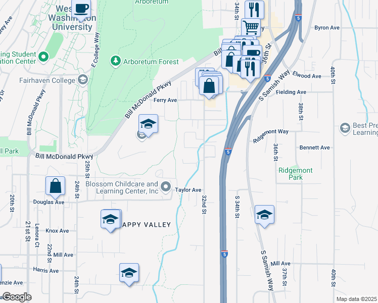 map of restaurants, bars, coffee shops, grocery stores, and more near 820 32nd Street in Bellingham