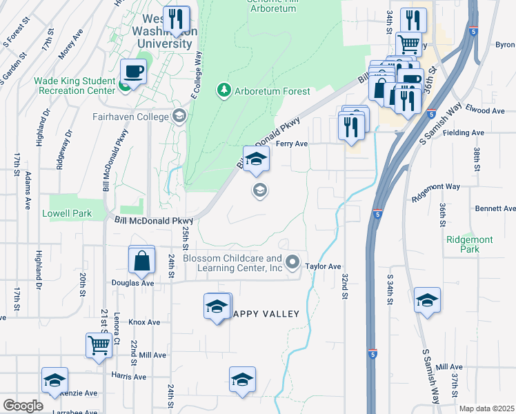 map of restaurants, bars, coffee shops, grocery stores, and more near 2700 Bill McDonald Parkway in Bellingham