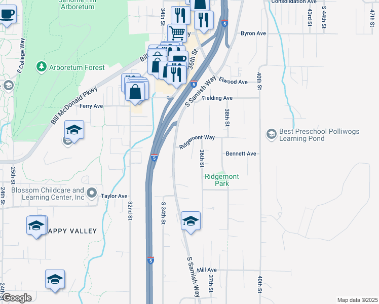 map of restaurants, bars, coffee shops, grocery stores, and more near 3571 Ridgemont Way in Bellingham