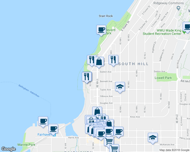 map of restaurants, bars, coffee shops, grocery stores, and more near 619 11th Street in Bellingham