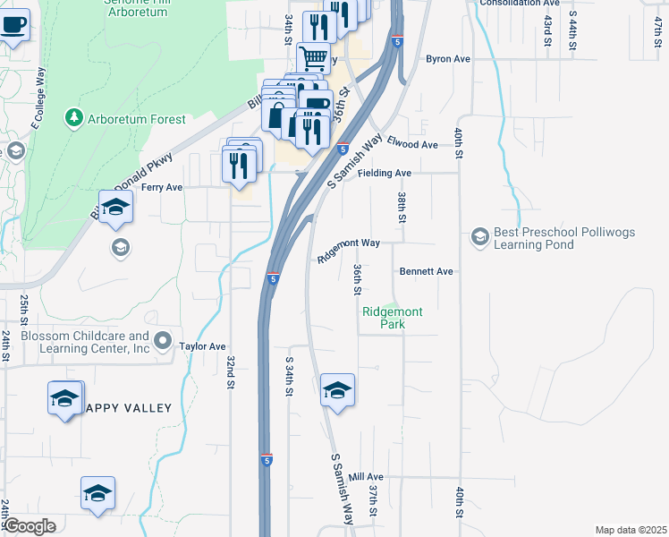 map of restaurants, bars, coffee shops, grocery stores, and more near 3571 Ridgemont Way in Bellingham