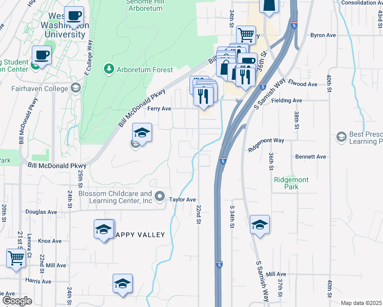 map of restaurants, bars, coffee shops, grocery stores, and more near 680 32nd Street in Bellingham