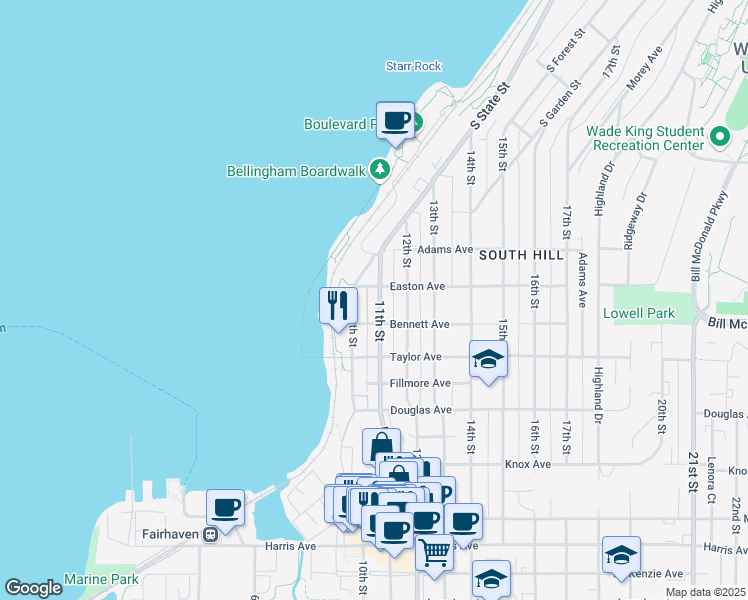 map of restaurants, bars, coffee shops, grocery stores, and more near 619 11th Street in Bellingham