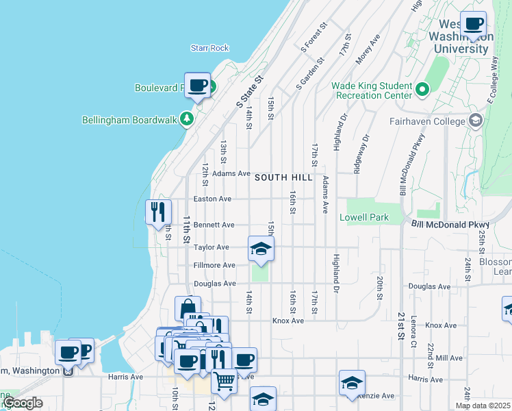 map of restaurants, bars, coffee shops, grocery stores, and more near 620 15th Street in Bellingham