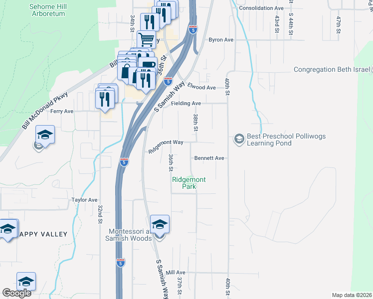 map of restaurants, bars, coffee shops, grocery stores, and more near 705 38th Street in Bellingham