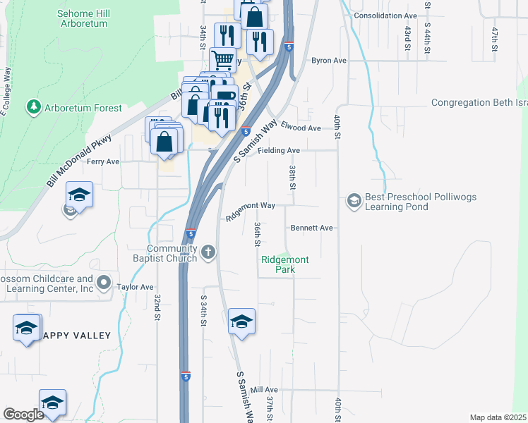 map of restaurants, bars, coffee shops, grocery stores, and more near 3600 Ridgemont Way in Bellingham