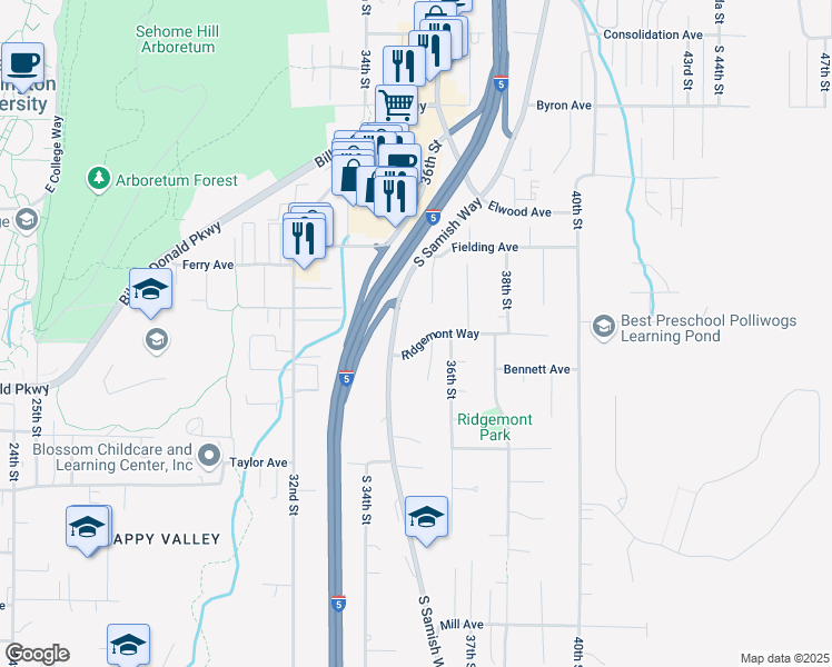 map of restaurants, bars, coffee shops, grocery stores, and more near 3571 Ridgemont Way in Bellingham