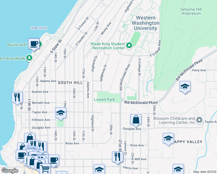 map of restaurants, bars, coffee shops, grocery stores, and more near 612 20th Street in Bellingham