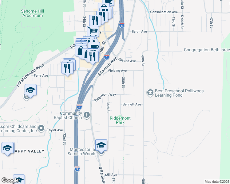 map of restaurants, bars, coffee shops, grocery stores, and more near 3600 Ridgemont Way in Bellingham