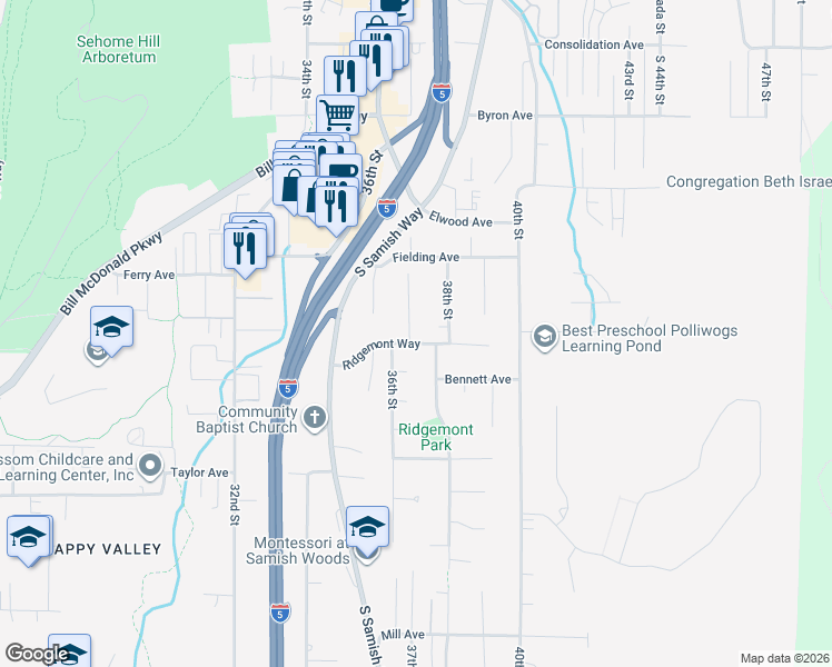 map of restaurants, bars, coffee shops, grocery stores, and more near 3600 Ridgemont Way in Bellingham