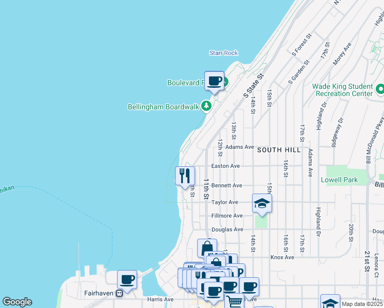 map of restaurants, bars, coffee shops, grocery stores, and more near 600 South State Street in Bellingham