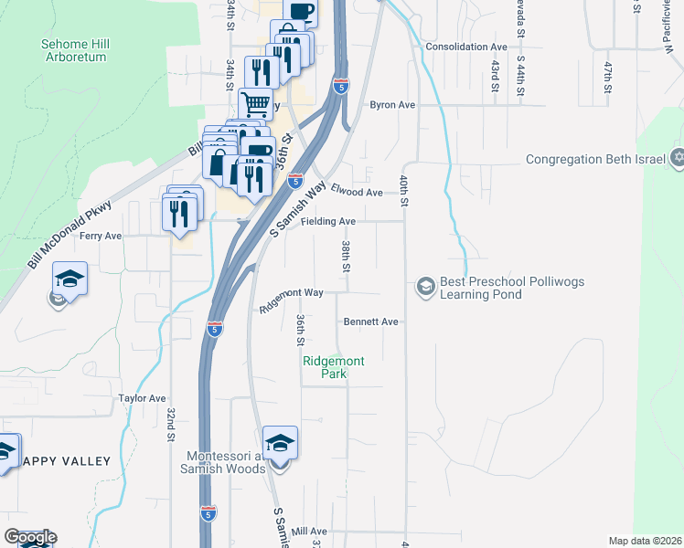 map of restaurants, bars, coffee shops, grocery stores, and more near 520 38th Street in Bellingham