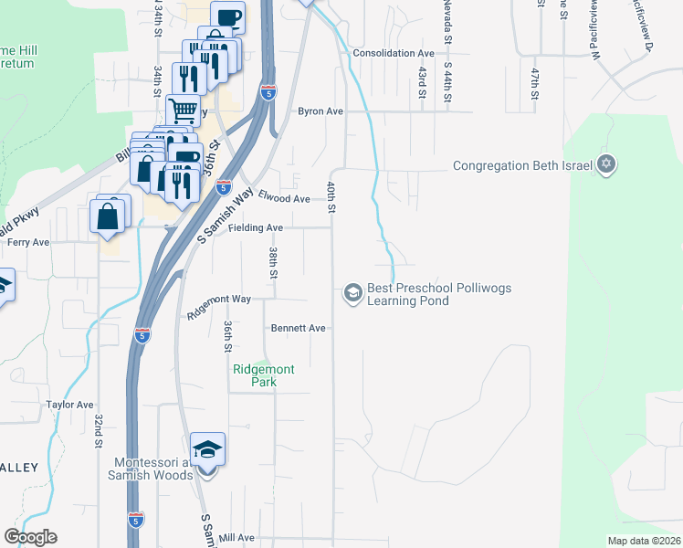 map of restaurants, bars, coffee shops, grocery stores, and more near 522 40th Street in Bellingham