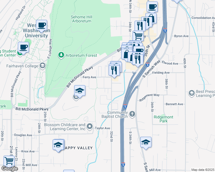 map of restaurants, bars, coffee shops, grocery stores, and more near 512 32nd Street in Bellingham