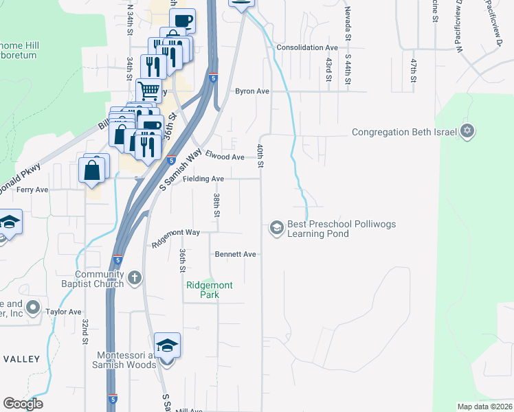 map of restaurants, bars, coffee shops, grocery stores, and more near 522 40th Street in Bellingham