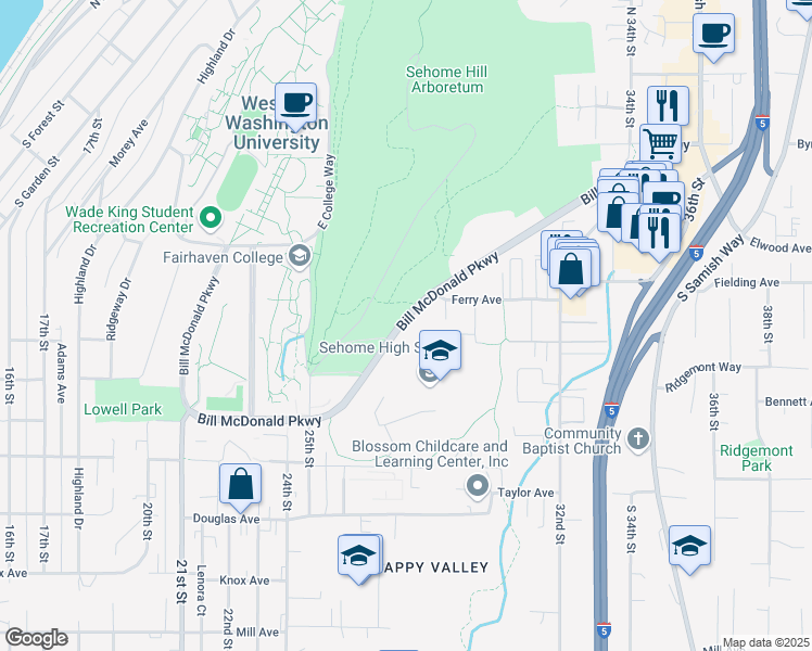 map of restaurants, bars, coffee shops, grocery stores, and more near in Bellingham