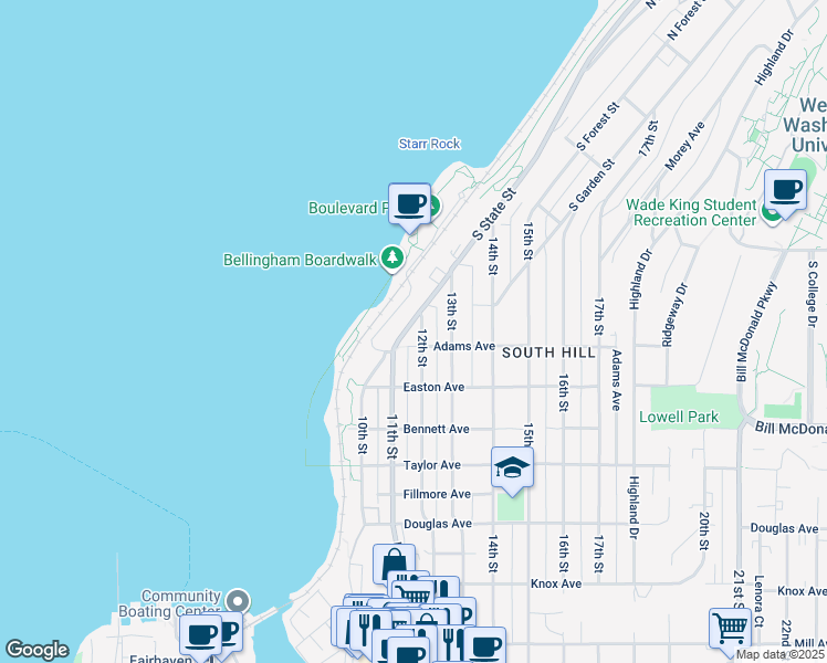 map of restaurants, bars, coffee shops, grocery stores, and more near in Bellingham