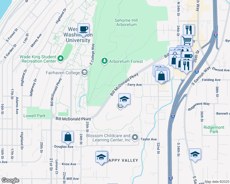 map of restaurants, bars, coffee shops, grocery stores, and more near 2700 Bill McDonald Parkway in Bellingham