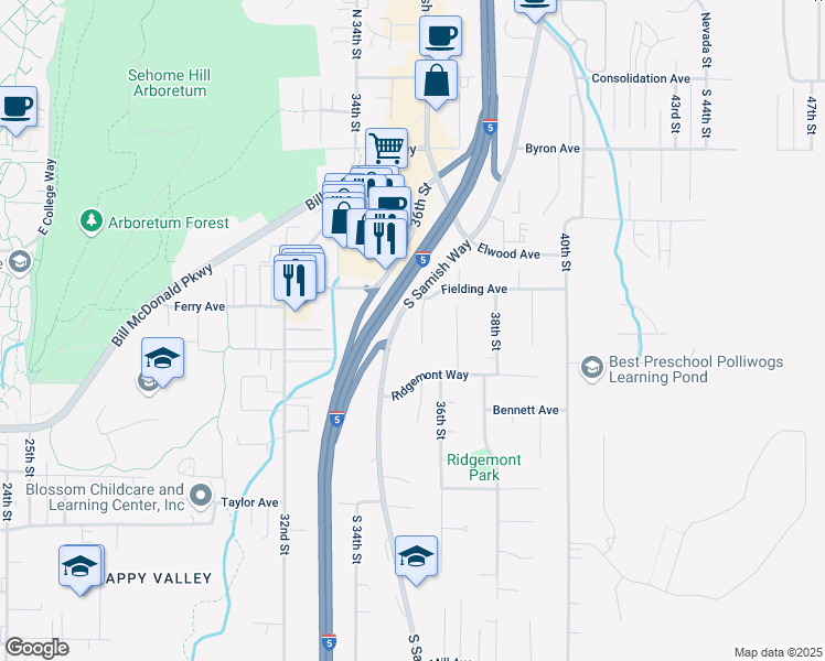 map of restaurants, bars, coffee shops, grocery stores, and more near 530 36th Street in Bellingham