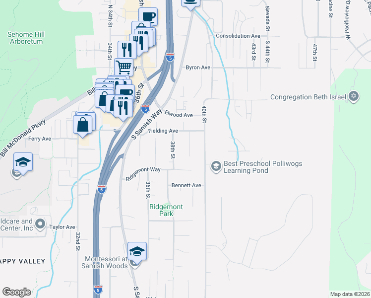 map of restaurants, bars, coffee shops, grocery stores, and more near 526 South 39th Street in Bellingham