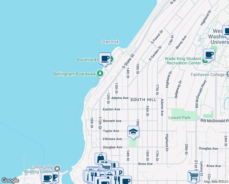 map of restaurants, bars, coffee shops, grocery stores, and more near 510 13th Street in Bellingham