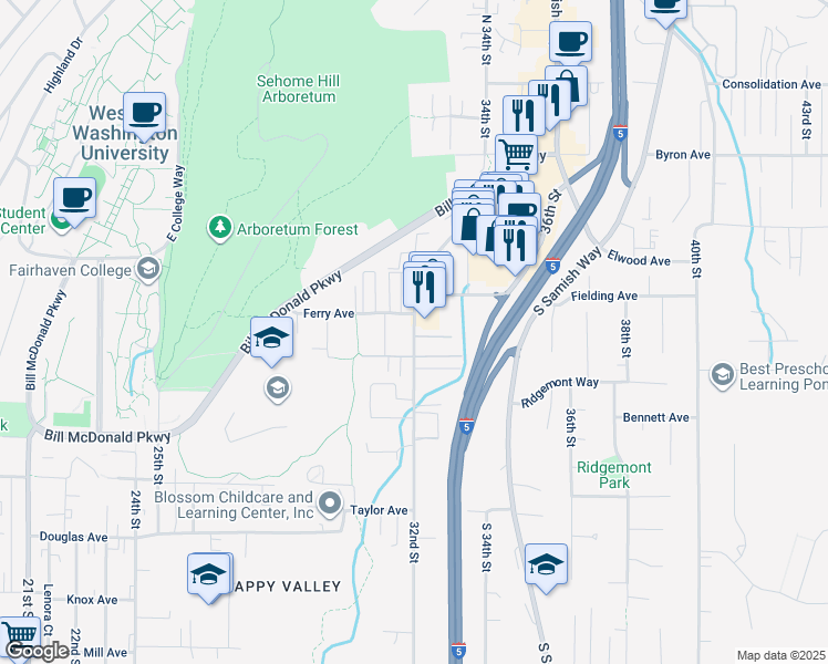 map of restaurants, bars, coffee shops, grocery stores, and more near 517 32nd Street in Bellingham