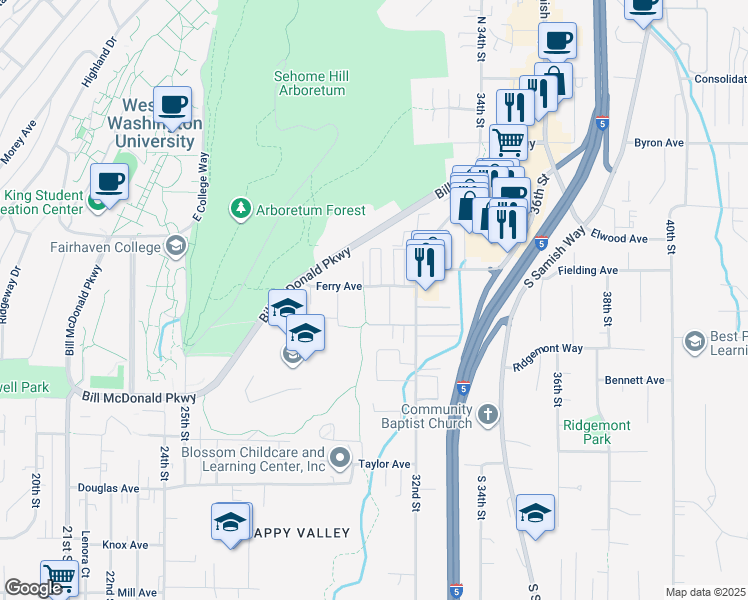 map of restaurants, bars, coffee shops, grocery stores, and more near 512 32nd Street in Bellingham