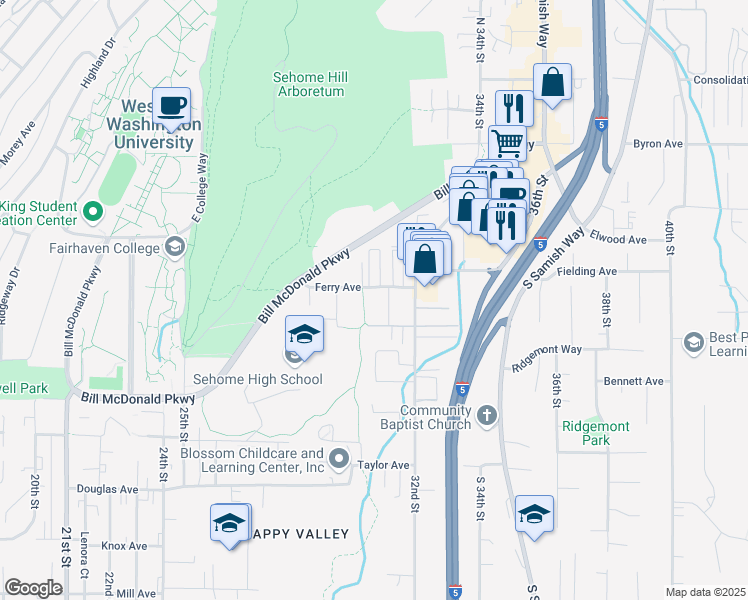 map of restaurants, bars, coffee shops, grocery stores, and more near 512 32nd Street in Bellingham