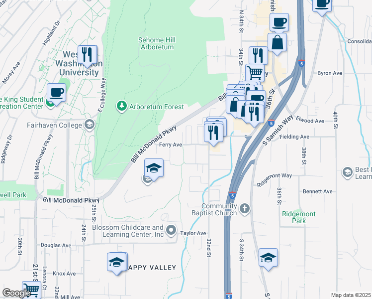 map of restaurants, bars, coffee shops, grocery stores, and more near 3010 Ferry Avenue in Bellingham