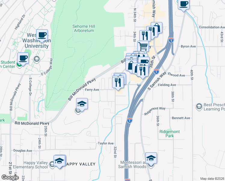 map of restaurants, bars, coffee shops, grocery stores, and more near 512 32nd Street in Bellingham