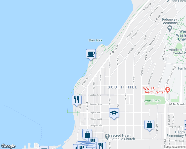 map of restaurants, bars, coffee shops, grocery stores, and more near Bayview Drive in Bellingham